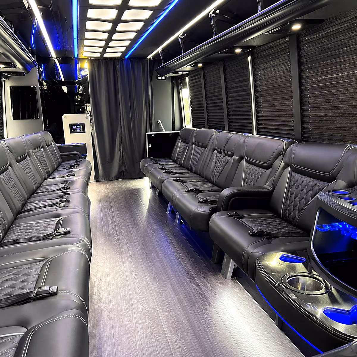 Wedding guests seated inside a party bus serving Chula Vista
