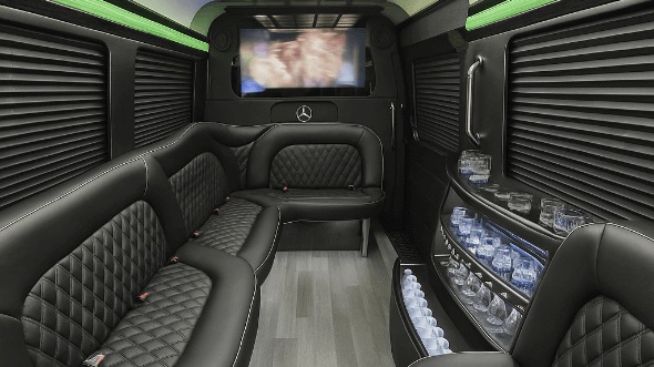 Interior of Charter Bus Company Encinitas's 14 Passenger Sprinter Limousine in Encinitas