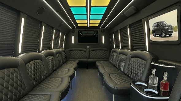 Interior of Charter Bus Company Vista's 50 Passenger Party Bus in Vista